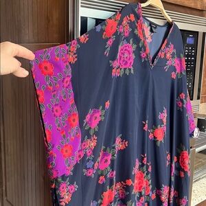 BEAUTIFUL NATORI Navy/red/purple FLORAL KAFTAN ROBE COVERUP vneck zip up SIZE XL